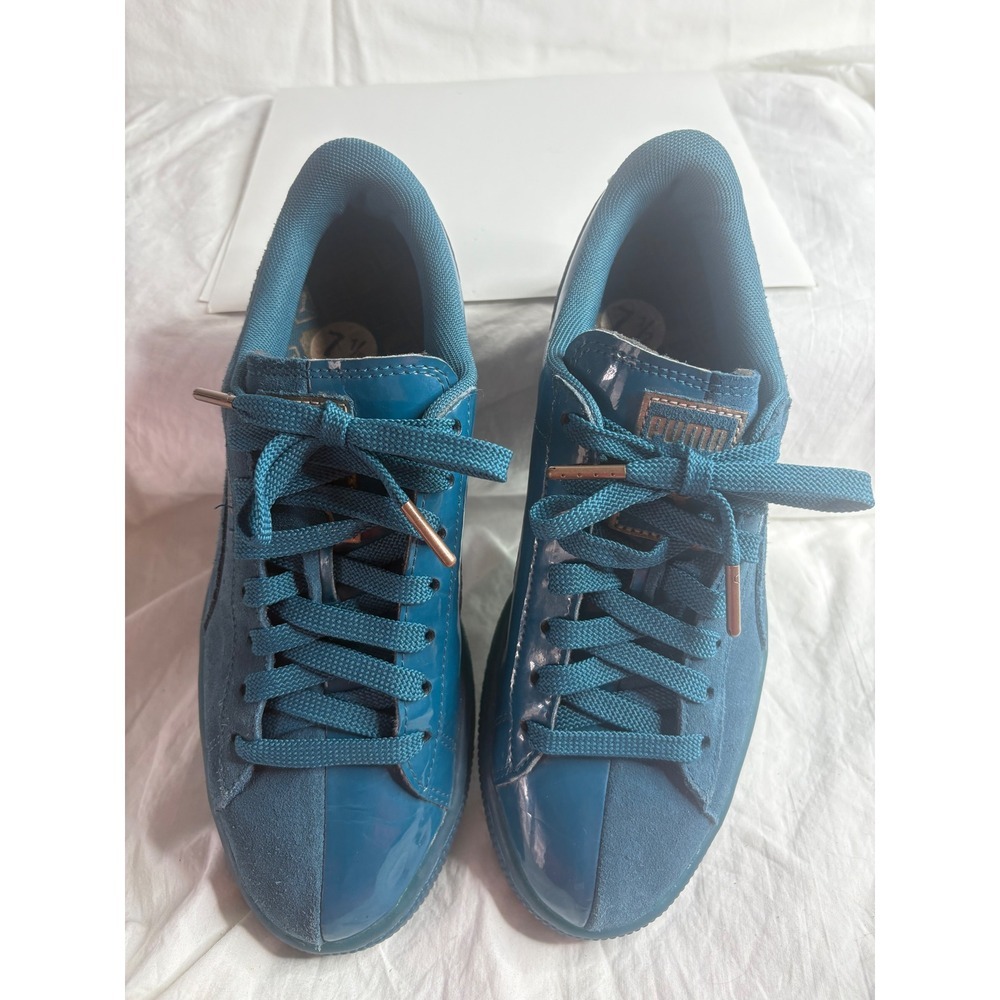 Puma Suede Basket Teal Blue Patent Leather Lace Up Sneakers Shoes Womens 7.5 - Picture 2 of 6